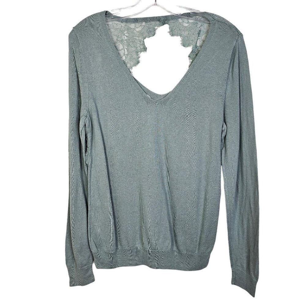 Maurices Medium Lace Open Back V-Neck Long Sleeve Top Shirt Blue Gray